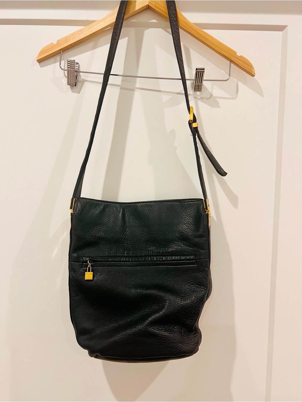 Perlina New York Black Pebbled Leather Hobo Shoulder Bag Gold Hardware